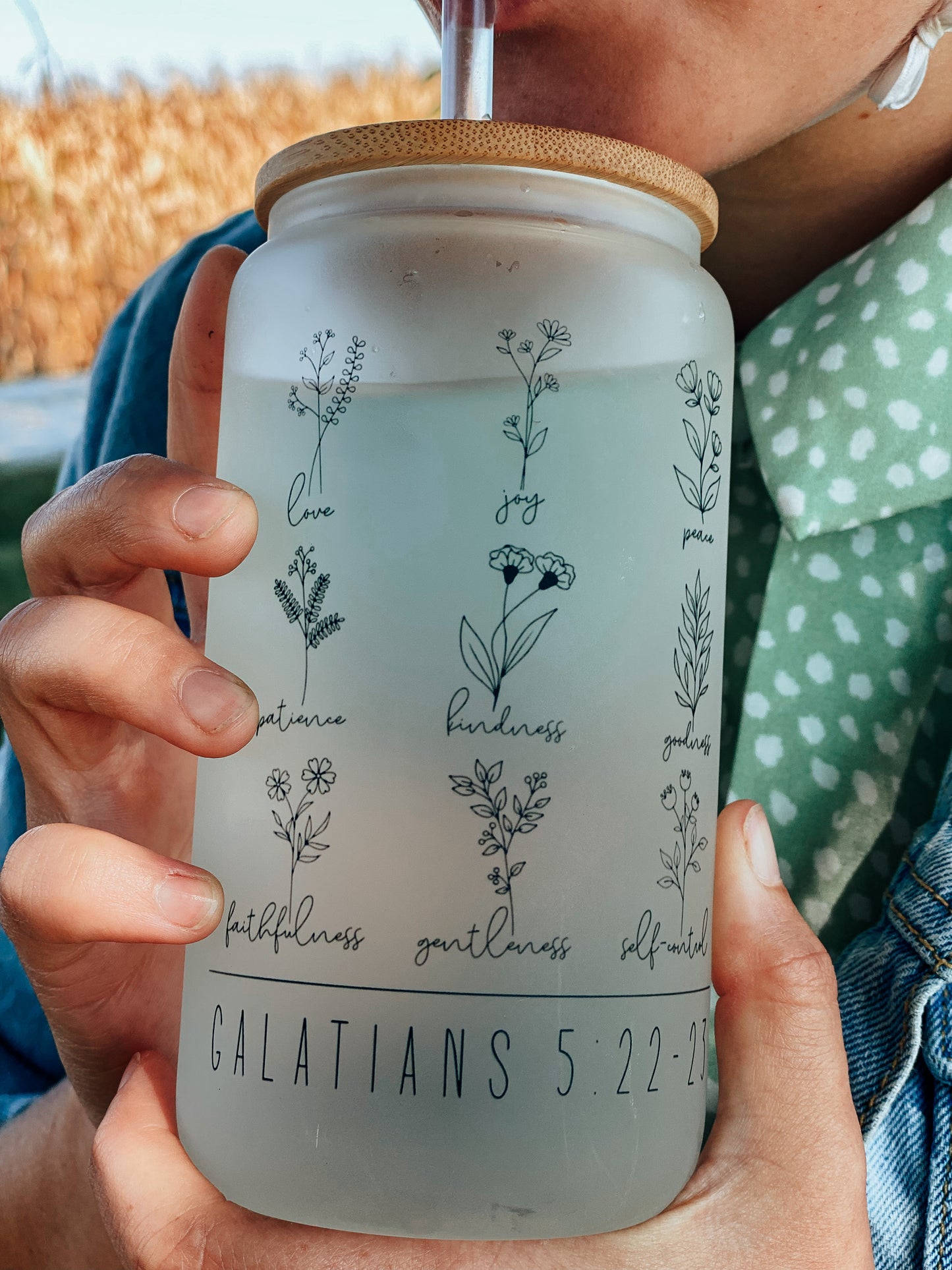 Frosted Galatians 5:22-23 16oz Glass Cup with Bamboo Lid